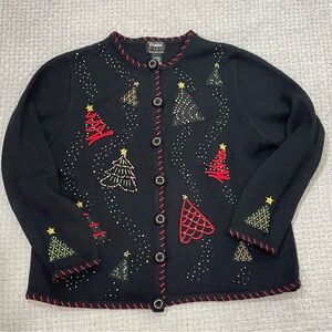 Christmas Tree Blingy Cardigan Sweater Black Beaded Holiday Size Large